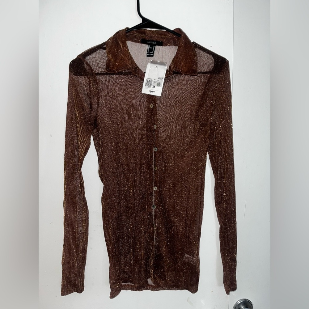 Forever 21 Metallic Brown Sheer Blouse